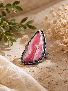 NWT Genuine Rhodochrosite Sterling Silver Statement Ring • Large Pink Gem • 8.5